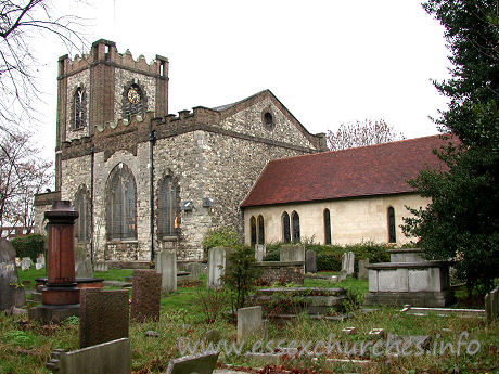 St Peter & St Paul, Dagenham Church - Here we see the church viewed from the South East. To the 
right can be seen the early thirteenth century chancel, whilst the rest of the 
church, with the exception of the north chapel, dates from around 1800.
