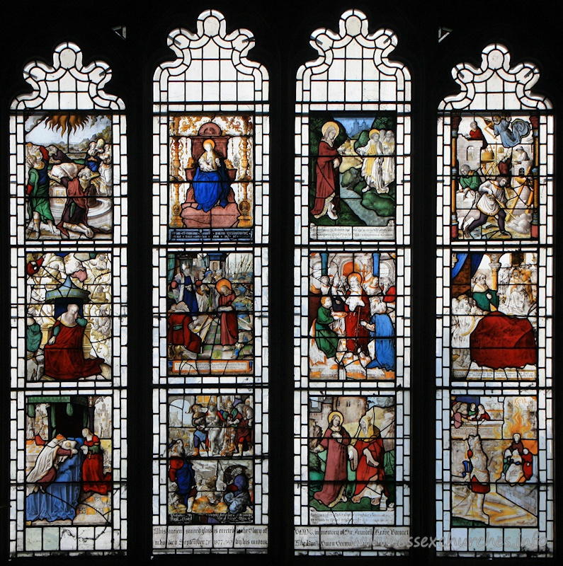 St Mary the Virgin, Prittlewell Church - This ancient stained glass is erected to the Glory of GOD in memory of Sir Arundell Neave, Baronet who died September 21st 1877, by his widow The Honourable Gwyn Gertrude - Lady Neave. Airey Neave, assassinated in 1979, whilst a member of Margaret Thatcher's opposition party, is related to Sir Arundell Neave.