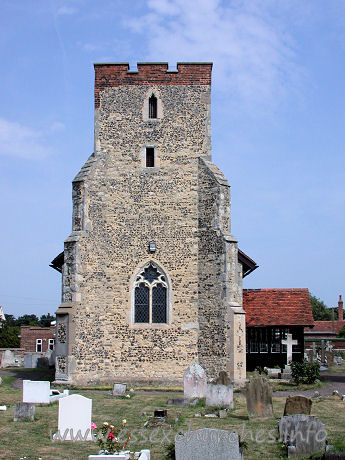 St Andrew, South Shoebury Church - Early 14th Century tower with diagonal buttresses. The brick 
battlements are from the 18th Century.
