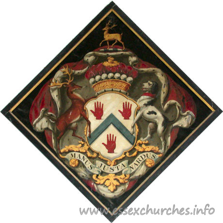St Mary the Virgin, Tilty Church - For Charles, 1st Viscount Maynard, who died unmarried 30th June 1775, or for Charles, 2nd Viscount Maynard, who married Mrs Anne Horton, and died 10th March 1824.
 
Details taken from Hatchments in Britain: 6, Edited by Peter Summers