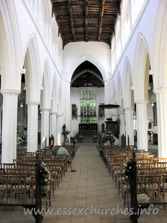 St John the Baptist, Thaxted Church - From Pevsner: "The arcades are the earliest element of the 
church. They date from c1340. The piers are quatrefoil with very thin shafts in 
the diagonals."
