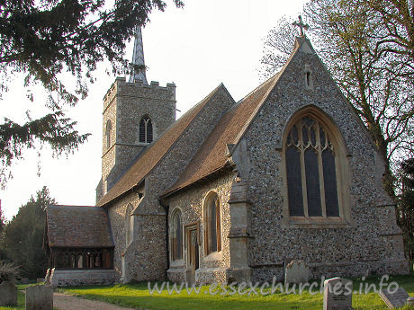 , Abbess%Roding Church - From this SE view can be seen the C15 chancel in front of the C14 nave.
The E window is the result of the 1867 restoration.