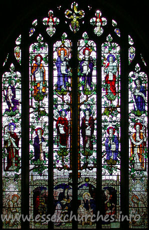 St Alban, Westcliff-on-Sea Church - 


This beautiful window designed by Nicholson shows the 
Adoration of the Magi [complete with camels] at the bottom, and, above that, the 
Disciples and Apostles including not only St. Paul, but also St. James, brother 
of our Lord. His name appears as Jacobus, which is an earlier form.



