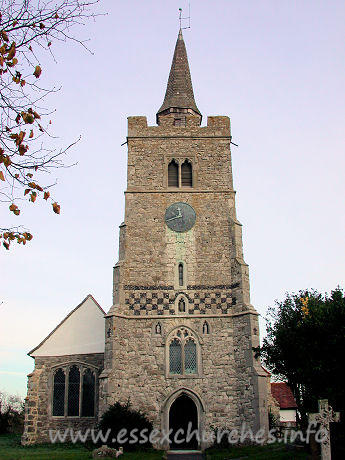 All Saints, Barling Church - From the church's own guide: 
The tower, with it's embattled parapet, was added in the early 
15th century. The short, shingled spire is modern in comparison, though it was 
mentioned by Philip Morant in his 'History of Essex' (1768).

