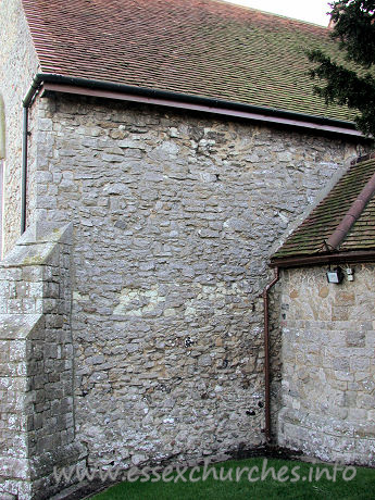 , Great%Stambridge Church - In the N wall of both the chancel and nave are indications of 
blocked round headed windows. The wall itself is too thin to be Norman work.
