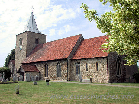 St Nicholas, Great Wakering Church - The nave of the church is Early Norman. This is demonstrated by the blocked N 
window. Just visible is one of the Early Norman flat broad pilaster buttresses 
at the base of the tower, although the upper parts of the tower are later 
Norman, a fact borne out by the blocked Norman W window visible from inside the 
nave. The upper broach spire is C15 or later.
