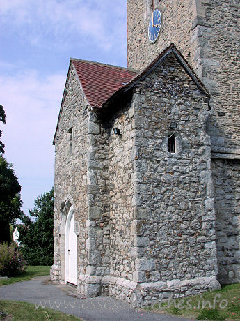 St Nicholas, Great Wakering Church - From Pevsner: "The most singular feature of this church is 
the two-storeyed C15 W porch added to the Norman W tower. This is an Early Saxon 
motif, and one wonders what can have been the reason for introducing it here? 
Older foundations, or simply some obstacle in the way of a two-storeyed S 
porch?"
