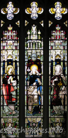 , Great%Bardfield Church - N aisle, W window, representing the Three Marys.
Mary Magdalene, Mary mother of Jesus and Mary, mother of Cleophas.
In memory of Amy Julia Lampet, died aged 26 in 1876.