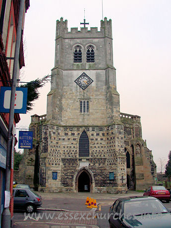 Holy Cross, Waltham Abbey Church - The West Tower was an addition to the church, made after the 
Dissolution in 1556-8. It is a sign of the changeover from monastic to parochial 
usage. The upper portion of the tower has been much restored in latter times, 
and does nothing to complement the lower part.


