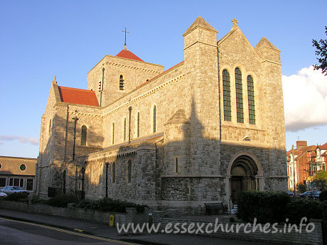 , Clacton% Church - It is in the neo-Norman style, with a rockfaced exterior. The west front has three stepped round-headed lancets and square angle turrets.
