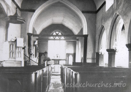 , Helion%Bumpstead Church - Taken from a picture in the church. At this point, the box pews were still intact. It is rather different to the existing view, shown as Interior Image 1.