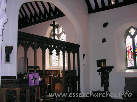 All Saints, Nazeing Church - More evidence of the rood screen - on the S wall, above the lectern, is the other end of the rood beam. Direct above is what appears to the the remains of the front/top part of the rood screen itself. This is shown more clearly in the "Misc." section.