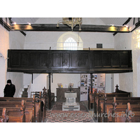 All Saints, Vange Church – Interior 5: A good view of the West end of the church, clearly showing the gallery and the original font below. See more on churches with west galleries at: http://www.westgallerychurches.com.