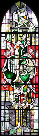 St Mary the Less, Great Warley Church – The writing on this glass reads "The delights of the sons of men as ... ... musical instruments".