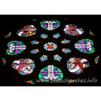 St Mary the Less, Great Warley Church – Stained Glass 6: The rose window carries images of (from top left, clockwise) Ss Matthew, John, Luke and Mark. The window is the work of Heywood Sumner.