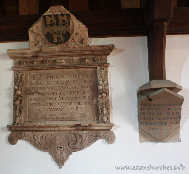 St Andrew, Greensted Church – Here lieth Jone, sister of Thomas Smith of Mont Knight. Second wife of Alane Wood of Snodland in Kent. Gent who livinge vertuouslie 60 yeeres died godly the XX of August 1585.