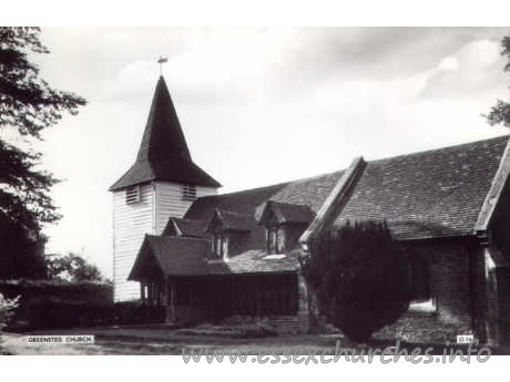 St Andrew, Greensted Church – An old postcard showing the wooden nave walls from the South.