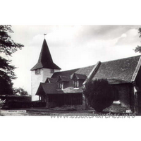 St Andrew, Greensted Church – Postcard 1: An old postcard showing the wooden nave walls from the South.