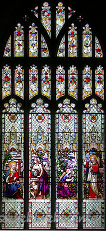 St Mary the Virgin, Saffron Walden Church – The writing beneath the figures reads: "Give me this water that I thirst not. Touch me not for I am not yet ascended to my father." The writing at the bottom reads: "This window was presented by Sarah Elizabeth Harding in memory of her late husband John S Harding".