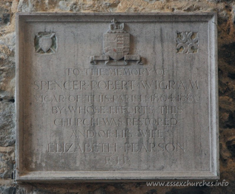 St Mary the Virgin, Prittlewell Church – To the memory of Spencer Robert Wigram vicar of this parish 1864-1880 by whose efforts this church was restored and of his wife Elizabeth Pearson R.I.P.