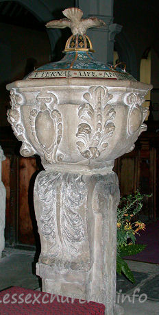 St Margaret, Barking Church – From Pevsner: "Bowl on baluster stem, with ornate scrolly ornament, just going gristly, i.e. c.1635."
