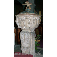 St Margaret, Barking Church – Miscellaneous 2: From Pevsner: "Bowl on baluster stem, with ornate scrolly ornament, just going gristly, i.e. c.1635."