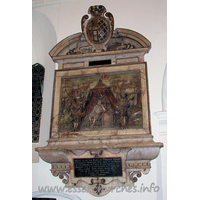 St Margaret, Barking Church – Monument 1: This splendid detail of the monument to Sir Charles Montagu in the chancel, is a wonderfully carved depiction of him in his tent in an army encampment, with his musketeers by his side. The inscription below the monument reads: Heere lieth the Body of Y Worthy Knight S. Charles Montagu; who died at his House at Cranbrook in Essex in the parish of Barking the 11 of September in Y yeere of our Lorde Gpd 1625, being of Y age of 61 yeares, who gave to Y poore of Barking forty pounds