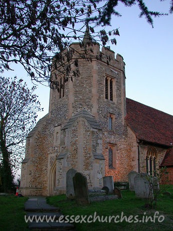 St Peter & St Paul, Hockley Church – This is a rather unusual W tower, starting as a square tower with angle buttresses at its base, then becoming an irregular hexagon for its upper part. It is embattled and crowned by a recessed spire.