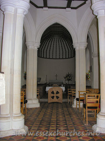 St John the Baptist, Little Maplestead Church – Full length view of interior, through the round nave, to the apsidal chancel.