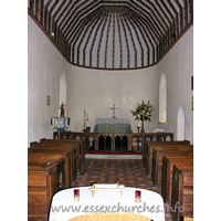 St John the Baptist, Little Maplestead Church – Interior 2: The chancel, with the small pews that fit two people.