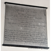 St Mary the Virgin, North Shoebury Church – Monument 4: This Tablet is erected to the memory of Mrs Ann Phillips, wife of the Revd Wm Luke Phillips, Vicar of this Parish: who finished her mortal course June 28th AD 1802, aged 33 years. and whose remains are deposited in a vault in the aisle beneath. === Virtuous, faithful, kind, who wish to know What more she was - a future day will show. Farewell, belov'd until the Word divine. Shall bid thy sorrowing partner mix his dust with thine. When to the trump will sound from joyful skies, And freed from mould'ring tombs, together we shall rise.