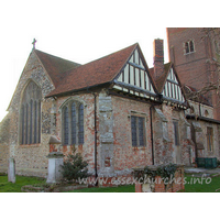 St Andrew, Rochford Church – Exterior 2: The chancel chapel is of red brick, with half-timbered gables.
