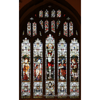 St Andrew, Rochford Church – Stained Glass 1: Five lights. 1) St Mary Magdalene - This light is erected in memory of Sarah Meeson who dies 29th July 1864. === 2) Blessed Virgin Mary - Presented by E?? Cotton and parishioners November 1886. === 3) It is Finished - Thanksgiving offering for past and present blessings - Benjamin Cotton - Rector. === 4) St John the Evangelist - This light is erected in memory of William Gregson who died 2nd November 1875. === 5) St Longinus - This light is erected in memory of George Wood who died 15th November 1877.