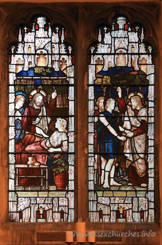 St Andrew, Rochford Church – Damsel, I say unto thee, Arise! === The blind receive their sight. === To the glory of God and in loving memory of ??? Mary Armitage daughter of the late Revd ????? St Lukes, Gloucester, who died Aug 17th 1891. This ??? is ??? her Brothers and Sisters.