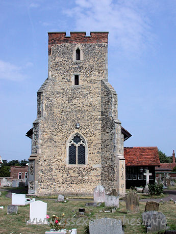 St Andrew, South Shoebury Church – Early 14th Century tower with diagonal buttresses. The brick battlements are from the 18th Century.