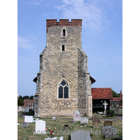 St Andrew, South Shoebury Church – Exterior 4: Early 14th Century tower with diagonal buttresses. The brick battlements are from the 18th Century.