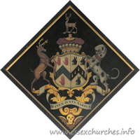 St John the Baptist, Thaxted Church – Hatchment 1: For Henry, 3rd Viscount Maynard, Lord Lieutenant and Vice-Admiral of Essex who married, in 1810, Mary, daughter of Reginald Rabett, of Bramfield Hall, and died 19 May 1865. Details taken from Hatchments in Britain: 6, Edited by Peter Summers