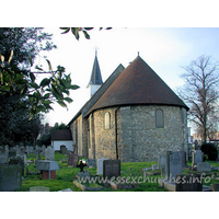 St James the Less, Hadleigh Church – Exterior 1: This largely unaltered Norman church sits amidst a constant swathe of traffic upon the busy A13 London-Southend main road. The church and grounds actually form an island between the east and westbound carriageways. The church is likely to have been built during the reign of King Stephen, 1135-54. Although some parts of it have been restored, it remains as good an example of a complete small Norman church as any in England. The church was built around 100 years before nearby Hadleigh castle, and the thickness of the walls suggest that in addition to its religious purposes, it was also built with defence in mind.