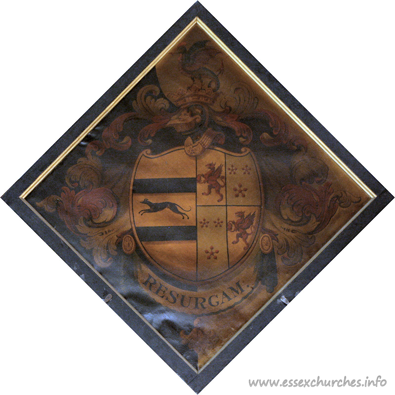St Giles & All Saints, Orsett Church – For Richard Baker, who married Jane, daughter of Sir Clement Trafford and Jane Trafford-Southwell, and died 9 July 1827, aged 82. Details taken from Hatchments in Britain: 6, Edited by Peter Summers
