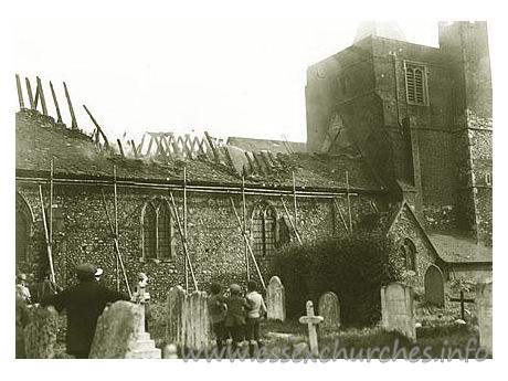 St Giles & All Saints, Orsett Church – Fire at Orsett Church, July 1926 Both Orsett and Tilbury fire brigades were in attendance at the fire which caused serious damage to the church, much of the roof was destroyed, ancient stained glass was also destroyed. This image was supplied by Steve Pavitt. The original source is, as yet, unknown, but will be credited ASAP. Please visit Steve's superb website, Bygone Grays Thurrock.
