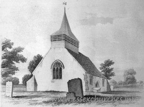 All Saints, Hutton Church – This image, which hangs in the church, shows the church as it was in 1845. Note the S door, the lack of S chapel, and the much shortened length of the church.
