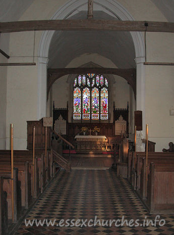 St Botolph, Beauchamp Roding Church – View from the nave into the chancel, showing the fairly high chancel arch.