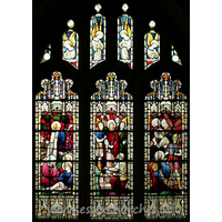 St Andrew, Hornchurch Church – Stained Glass 2: This first north aisle stained glass is late 19th century. It has three lights depicting Jesus in the garden of Gethsemane, Jesus with Pilate and Jesus on the road to Calvary.
