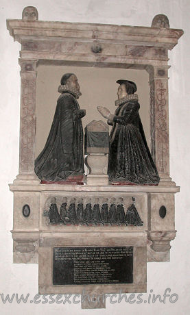 St Andrew, Hornchurch Church – Here lyeth the bodies of Francis Rame Esqr and Helen his wife wch Francis departed March 19th 1617 of the age of 80 yeares. And Helen departed July 11 1613 of the age of 58. They lived together in holy matrimony 40 yeares havinge IX sonnes and one daughter. Their godly life and godly end assureth us that gods their frend They died in Christ to rise againe death is not losse to then but gaine Their faith was strong, their hope was sure their charitie doth still in duer [endure?] Here, and in heaven even after death for love ends not wth mortall breath Their pilgrimage beinge passed well Christ calleth them now in heave to dwell.