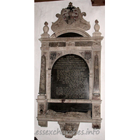 St Andrew, Hornchurch Church – Monument 4: SACRED to the memory of Thomas Withrings Esq cheife postmaster of Great Brittaine & Forreigne parts. Second to none, for unfathom'd pollicy unparralleld sagacious & diving genious. Witness his great correspondency in all parts of ye christian world. Here lies inter'd whom God from hence did call By speedy summons to his funerall Upon his sacred Day the world by love May judge it was to sing his praise above When on his way unto God's house love brings Him swifter passage upon Angells wings Full spread with zeale whereon his Soule doth fly To mercies throne in Twinckling of an eye ... This Epitaph may all him justly give ... who dies in Christ he dies not but to live ... ... In Christo mori est vivere ... ... Obijt Ano Dni 1651, Aetat suae 55 His Sonne and Heire with Him here doth lye Scarce five yeares old but pregnant then did dye Hopefull for virtue of those yeares but all Both young and old must hence when God doth call And happy are so good exchange to make Of this vile world for that to come they take ... Obijt aetatis suae Ano sere quinto ... Filius sane tasi Patrae digniffimas