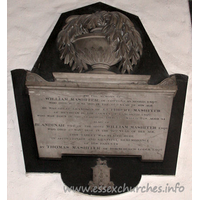 St Andrew, Hornchurch Church – Monument 6: To the memory of WILLIAM MASHITER of Cottons Rumford Esqre, who died 16th June 1811 in the 67th year of his age. He was great grandson of CUTHBERT MASHITER of Heysham in the county of Lancaster Esqre, who was born in the year 1634, died 12th March 1728, aged 94. BLANDINAH wife of the above WILLIAM MASHITER Esqre who died 5th Novr 1834, in the 92nd year of her age. This tablet was placed here in affectionate and grateful remembrance of his parents by THOMAS MASHITER of Hornchurch Lodge Esqre.