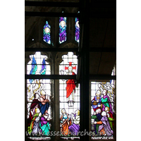 St Mary the Virgin, Little Wakering Church – Stained Glass 4: And he led them out as far as to Bethany, and he lifted up his hands, and blessed them. === And it came to pass, while he blessed them, he was parted from them, and carried up into heaven. === And they worshipped him, and returned to Jerusalem with great joy. LUKE XXIV, 50.