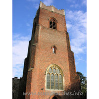 St Michael, Thorpe Le Soken Church – Exterior 4: Note the two-light bell-openings, with the single circle as tracery. This is all executed in brick!