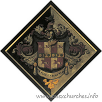 St Mary, Elsenham Church – Hatchment 1: For George Rush, of Elsenham Hall, who married, in 1810, Clarissa, daughter of Sir William Beaumaris Rush, and died 10 May 1851, aged 66. She died 14 Jan 1876, aged 89. Details taken from Hatchments in Britain: 6, Edited by Peter Summers