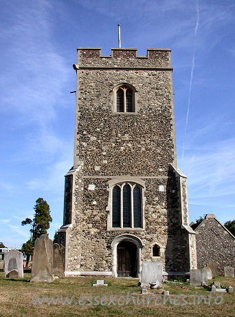 St Mary, Chadwell St Mary Church – Diagonally buttressed tower, with W doorway. Small ogee-headed niche to it's right.